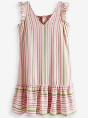 Ecru White Stripe Ruffle Sleeve Tie Back Mini Dress With Linen - Image 4 of 4