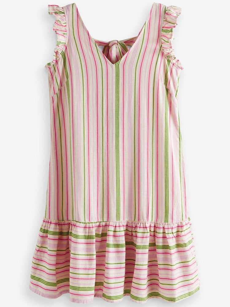 Ecru White Stripe Ruffle Sleeve Tie Back Mini Dress With Linen - Image 4 of 4