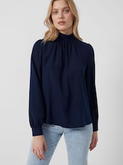 French Connection Blue Arina Solid Button Neck Top - Image 1 of 1
