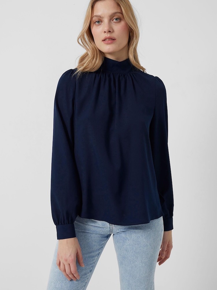 French Connection Blue Arina Solid Button Neck Top - Image 1 of 1