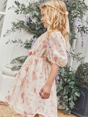 Cream/Pink Floral Chiffon Corsage Dress (3-16yrs) - Image 3 of 8
