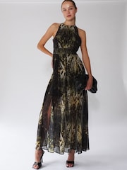 Religion Black Halterneck Maxi Dress In Beautiful Golden and Black Print - Image 1 of 5