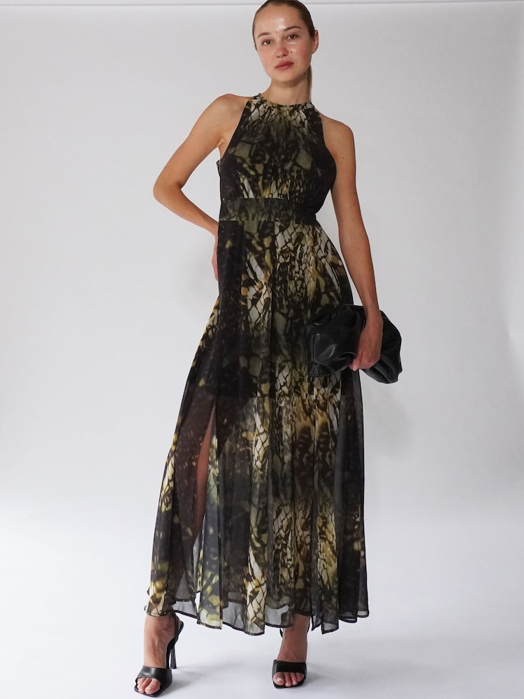 Religion Black Halterneck Maxi Dress In Beautiful Golden and Black Print - Image 1 of 5 Religion Black Halterneck Maxi Dress In Beautiful Golden and Black Print - Image 1 of 5