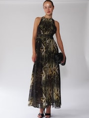 Religion Black Halterneck Maxi Dress In Beautiful Golden and Black Print - Image 3 of 5