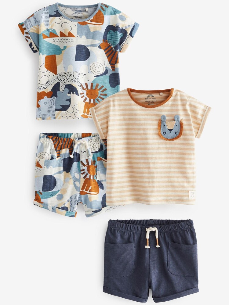Blue/Tan Brown Safari 4 Piece Baby T-Shirts And Shorts Set - Image 1 of 2