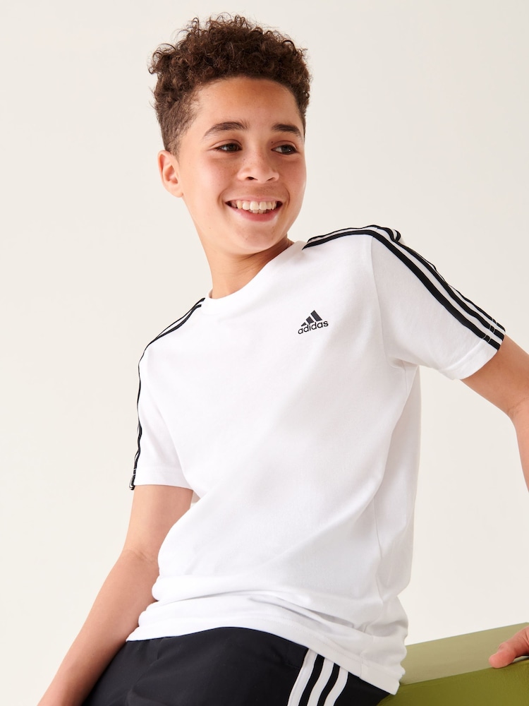 adidas White Essentials 3 Stripes 100% Cotton T-Shirt - Image 1 of 10