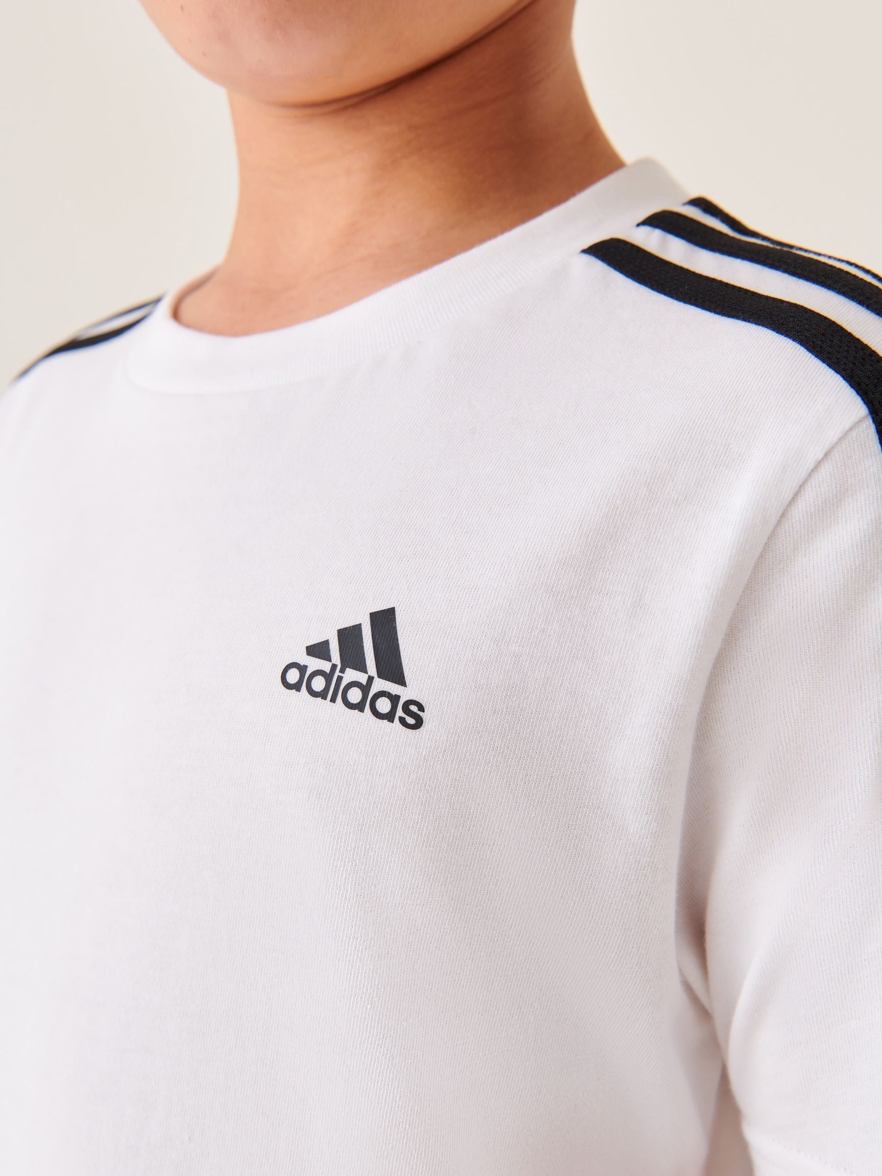 adidas White Essentials 3 Stripes 100 Cotton T Shirt