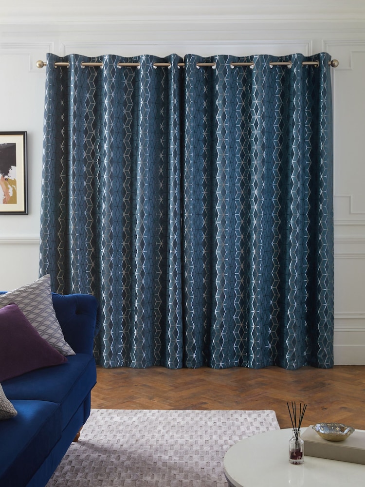 Blue Sparkle Geometric Eyelet Curtains - Image 2 of 6