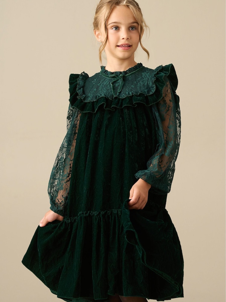 Angel & Rocket Green Amelia Velvet Frill Collar Dress - Image 1 of 5 Angel & Rocket Green Amelia Velvet Frill Collar Dress - Image 1 of 5