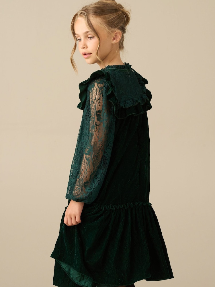 Angel & Rocket Green Amelia Velvet Frill Collar Dress - Image 2 of 5 Angel & Rocket Green Amelia Velvet Frill Collar Dress - Image 2 of 5