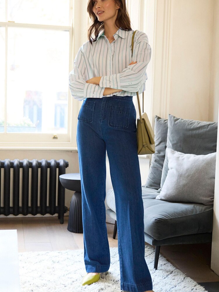 White With Blue Stripe Oversized Striped Long Sleeve Cotton Shirt - Image 2 of 5