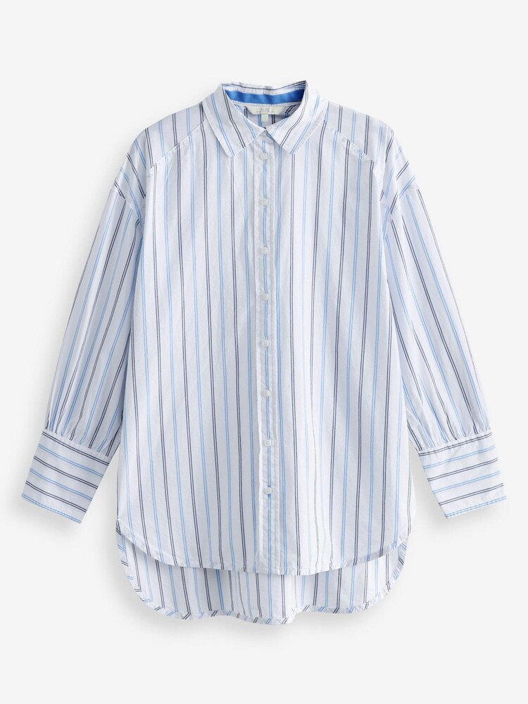 White With Blue Stripe Oversized Striped Long Sleeve Cotton Shirt - Image 5 of 5
