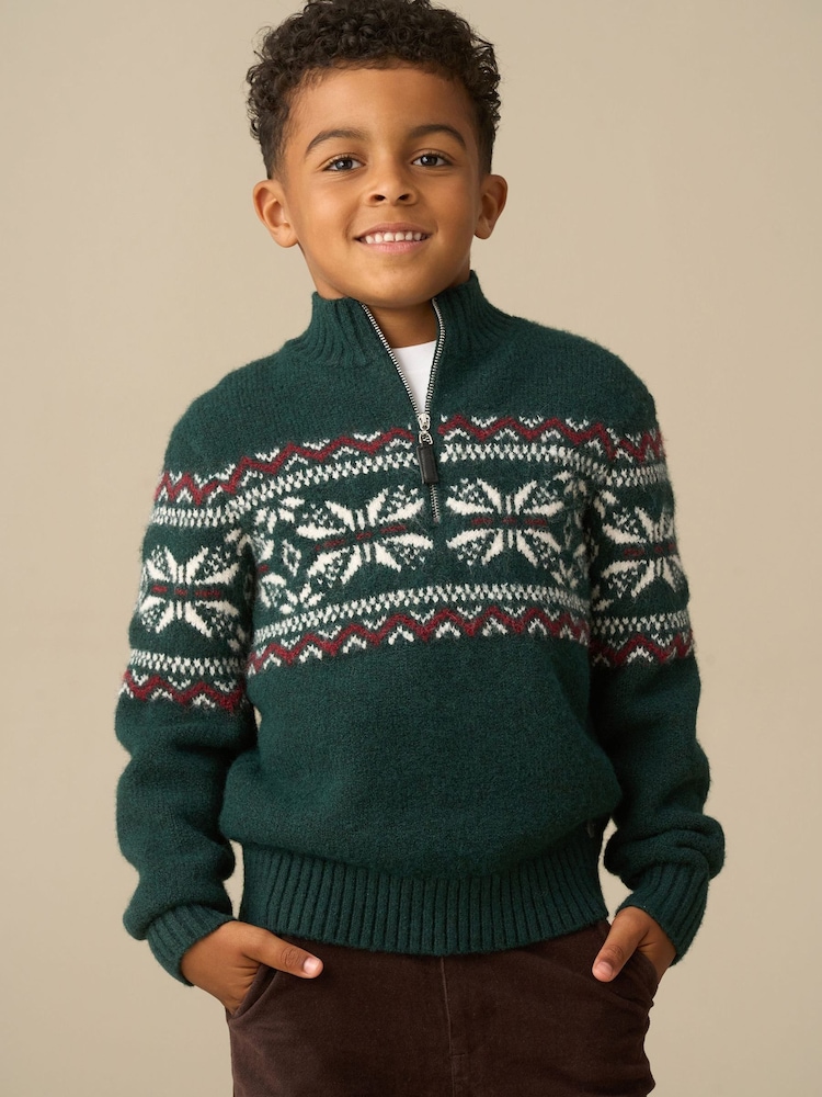 Angel & Rocket Green Oakley Fairisle Zip Neck Jumper - Image 1 of 3 Angel & Rocket Green Oakley Fairisle Zip Neck Jumper - Image 1 of 3