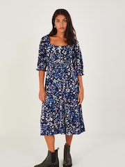 Monsoon Blue Ditsy Shirred Midi Dress With Sustainable Cotton - Image 1 of 4