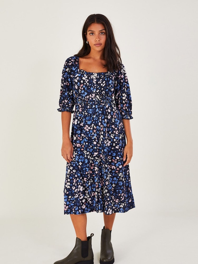 Monsoon Blue Ditsy Shirred Midi Dress With Sustainable Cotton - Image 1 of 4