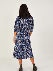 Monsoon Blue Ditsy Shirred Midi Dress With Sustainable Cotton - Image 2 of 4