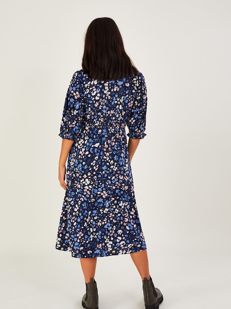 Monsoon Blue Ditsy Shirred Midi Dress With Sustainable Cotton - Image 2 of 4