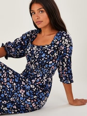 Monsoon Blue Ditsy Shirred Midi Dress With Sustainable Cotton - Image 3 of 4