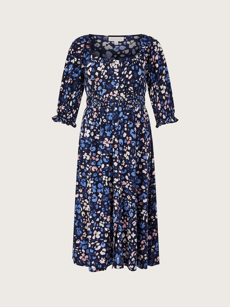 Monsoon Blue Ditsy Shirred Midi Dress With Sustainable Cotton - Image 4 of 4