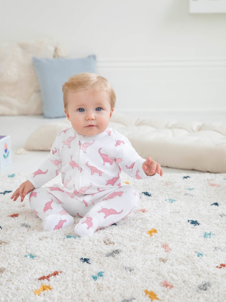 JoJo Maman Bébé Pink Elephant Print Zip Cotton Baby Sleepsuit - Image 1 of 4