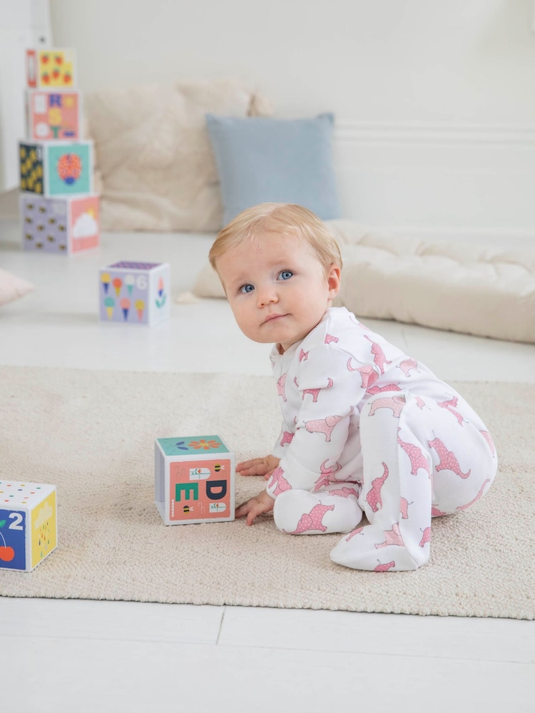 JoJo Maman Bébé Pink Elephant Print Zip Cotton Baby Sleepsuit - Image 2 of 4