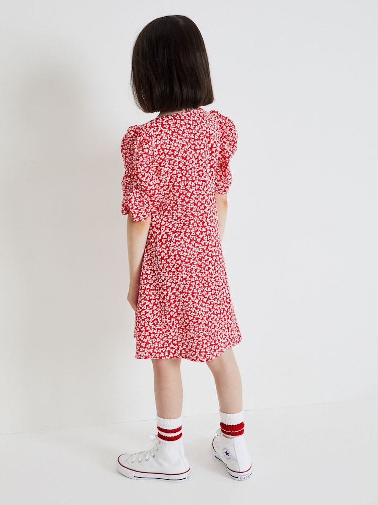 Red Ditsy Ruched Sleeve Tea Dress (3-16yrs) - Image 2 of 5 Red Ditsy Ruched Sleeve Tea Dress (3-16yrs) - Image 2 of 5