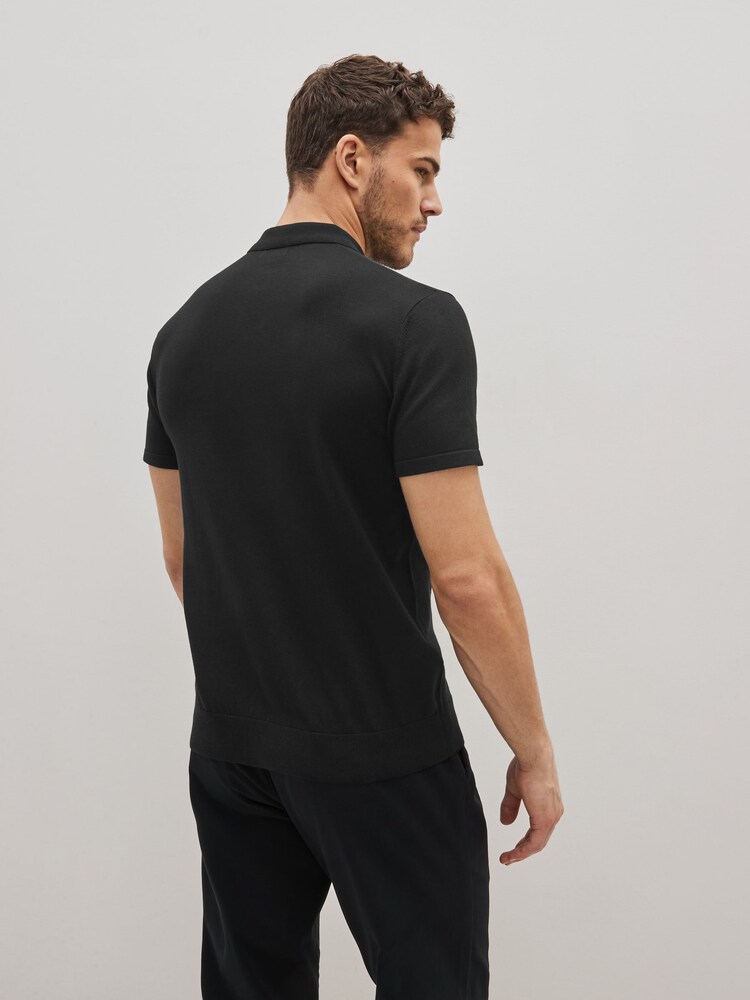 Czarny - Knitted Zip Polo Shirt - Image 3 of 8