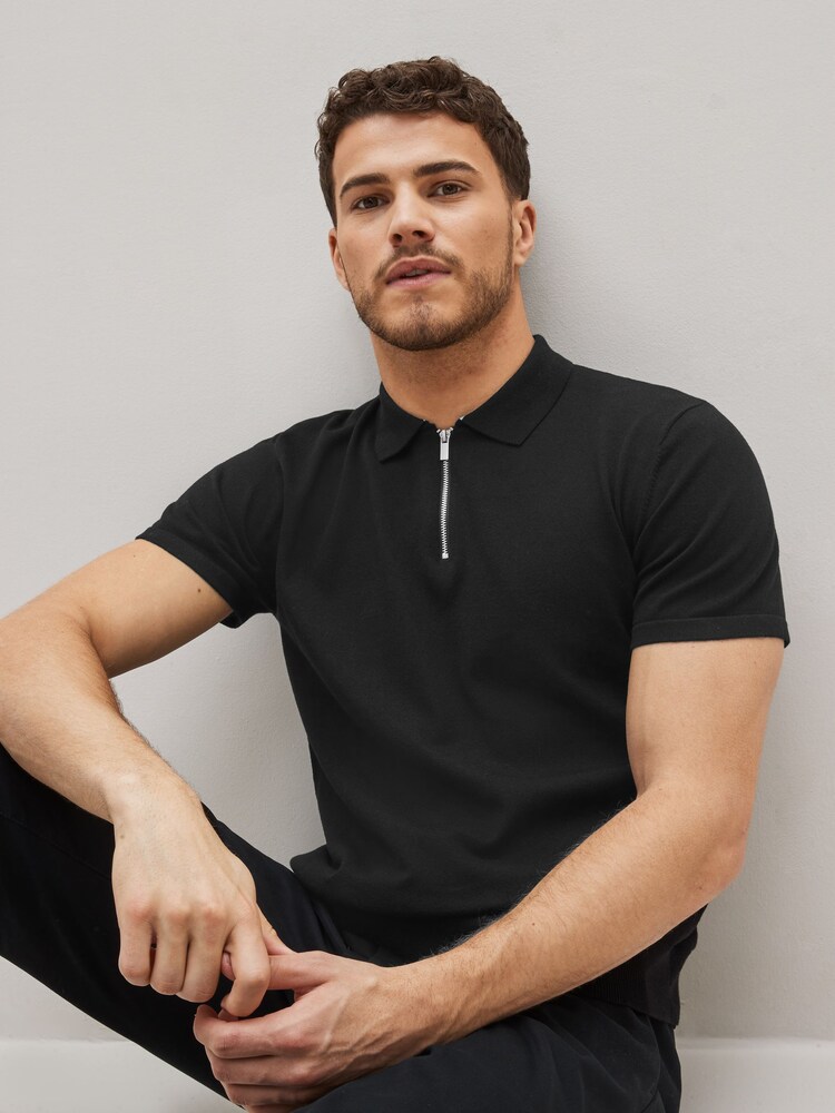 Czarny - Knitted Zip Polo Shirt - Image 4 of 8