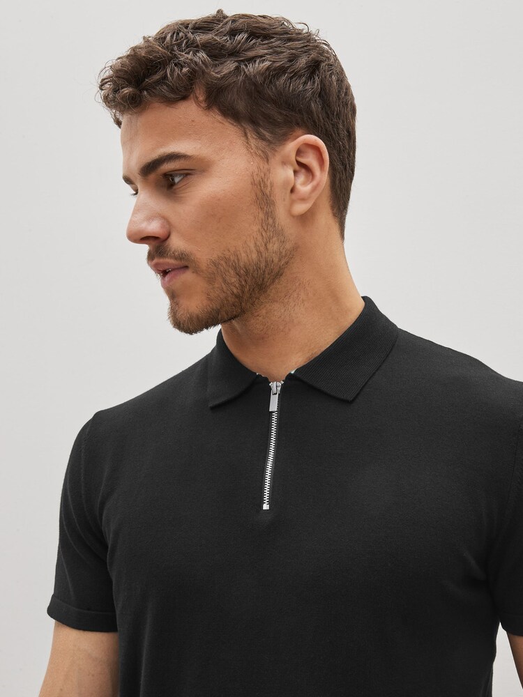 Czarny - Knitted Zip Polo Shirt - Image 5 of 8