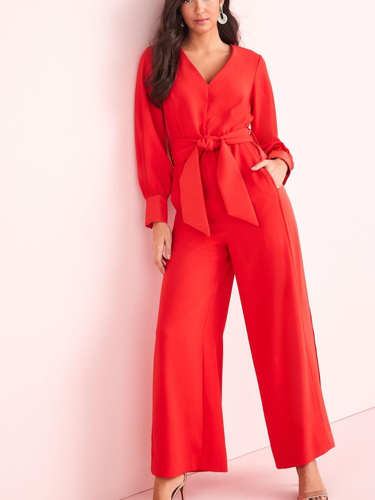 Red Tailored Wide Leg Belted Jumpsuit - Image 1 of 5