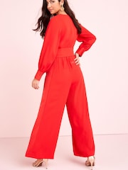 Red Tailored Wide Leg Belted Jumpsuit - Image 2 of 5