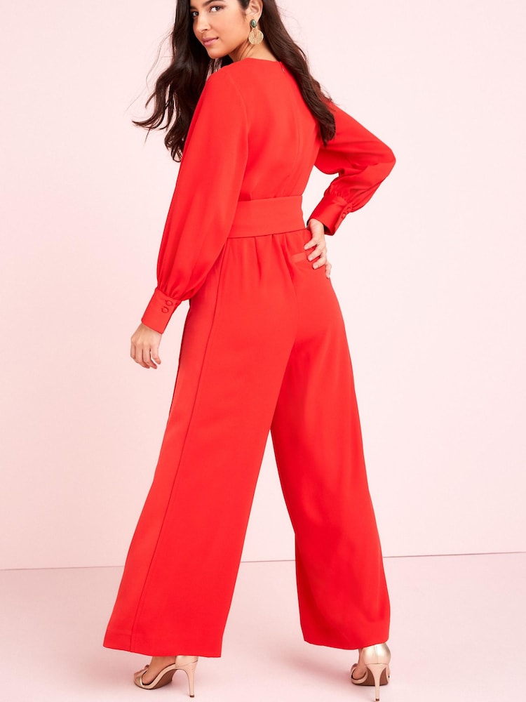 Red Tailored Wide Leg Belted Jumpsuit - Image 2 of 5