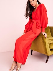 Red Tailored Wide Leg Belted Jumpsuit - Image 3 of 5
