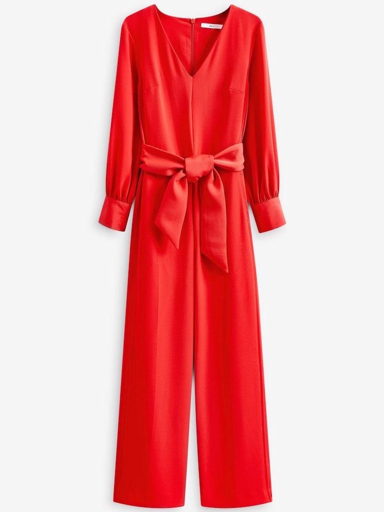 Red Tailored Wide Leg Belted Jumpsuit - Image 5 of 5