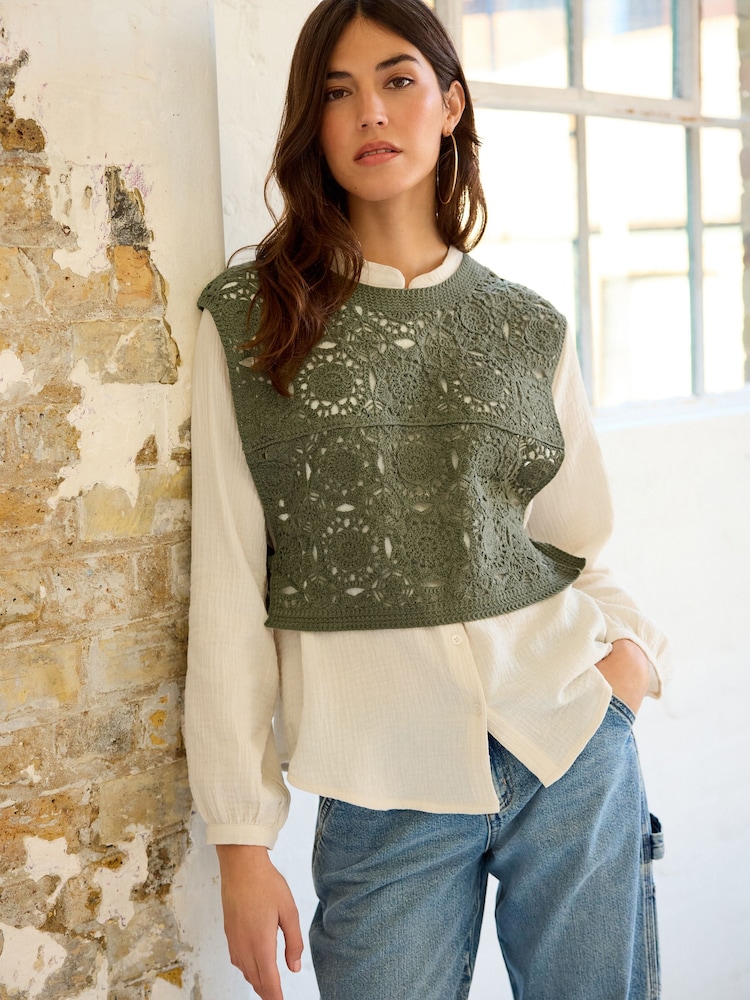 Khaki Green Crochet Woven Mix Tie Side Layer Top - Image 1 of 6