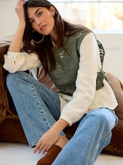 Khaki Green Crochet Woven Mix Tie Side Layer Top - Image 2 of 6