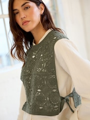 Khaki Green Crochet Woven Mix Tie Side Layer Top - Image 4 of 6