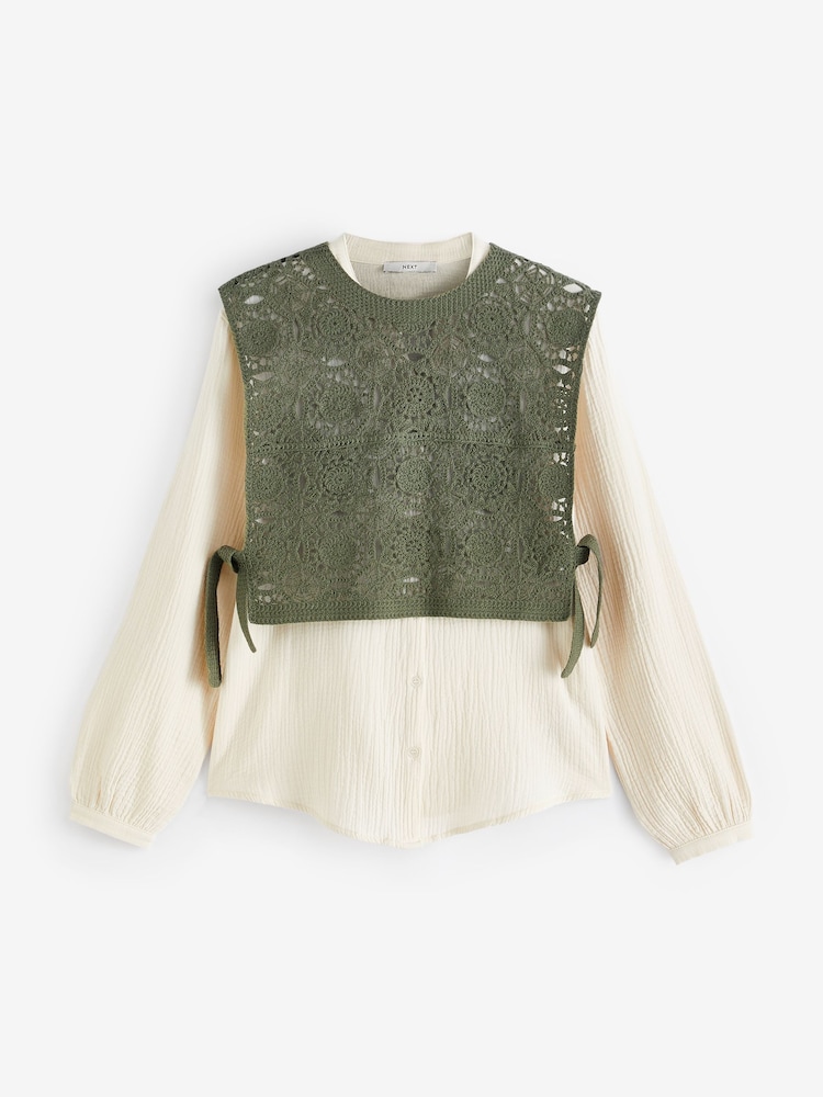 Khaki Green Crochet Woven Mix Tie Side Layer Top - Image 5 of 6