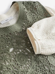 Khaki Green Crochet Woven Mix Tie Side Layer Top - Image 6 of 6