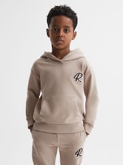 Reiss Taupe Cade Junior Relaxed Garment Dyed Logo Hoodie - Image 1 of 6