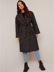 Chi Chi London Black Diamond Quilted Longline Belted Coat - Image 1 of 5