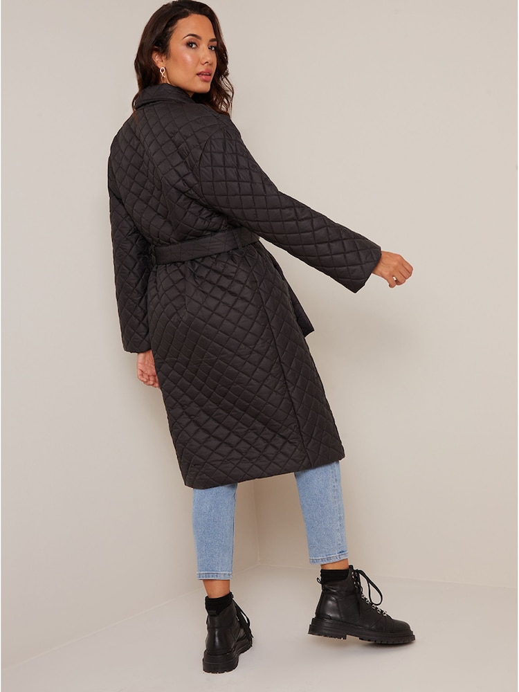 Chi Chi London Black Diamond Quilted Longline Belted Coat - Image 2 of 5