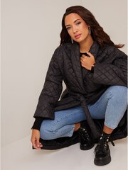 Chi Chi London Black Diamond Quilted Longline Belted Coat - Image 4 of 5