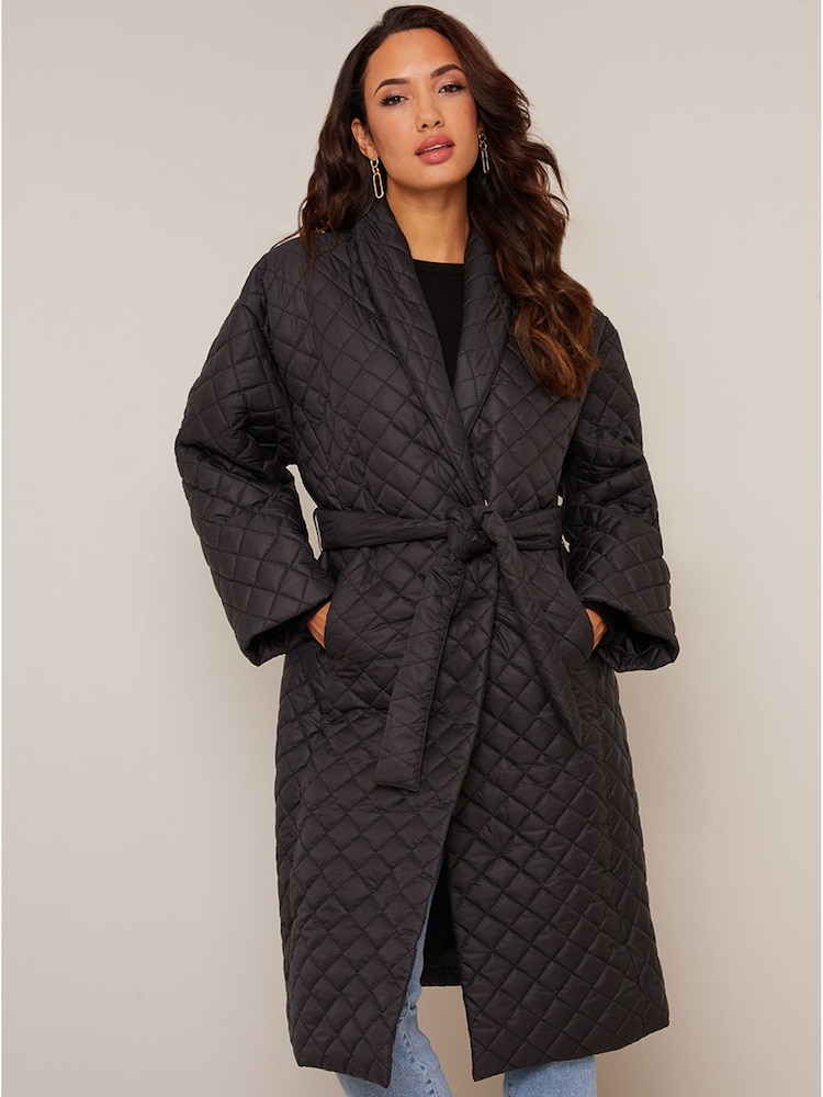 Chi Chi London Black Diamond Quilted Longline Belted Coat - Image 5 of 5