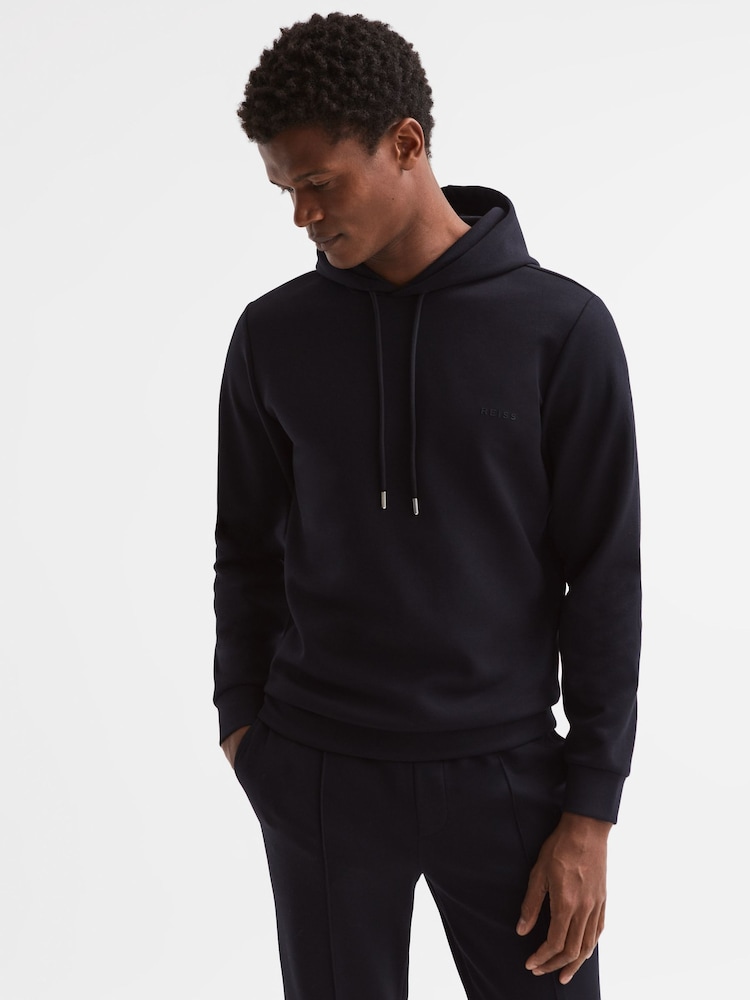 Reiss Navy James Slim Fit Interlock Drawstring Motif Hoodie - Image 4 of 6