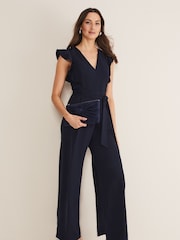 Phase Eight Ink Blue Petite Kallie V-Neck Frill Jumpsuit - Image 1 of 6