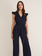 Phase Eight Ink Blue Petite Kallie V-Neck Frill Jumpsuit - Image 2 of 6