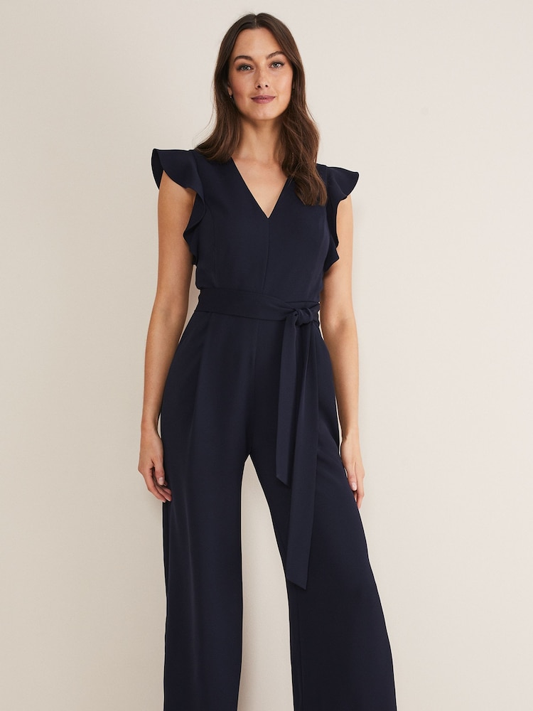 Phase Eight Ink Blue Petite Kallie V-Neck Frill Jumpsuit - Image 2 of 6