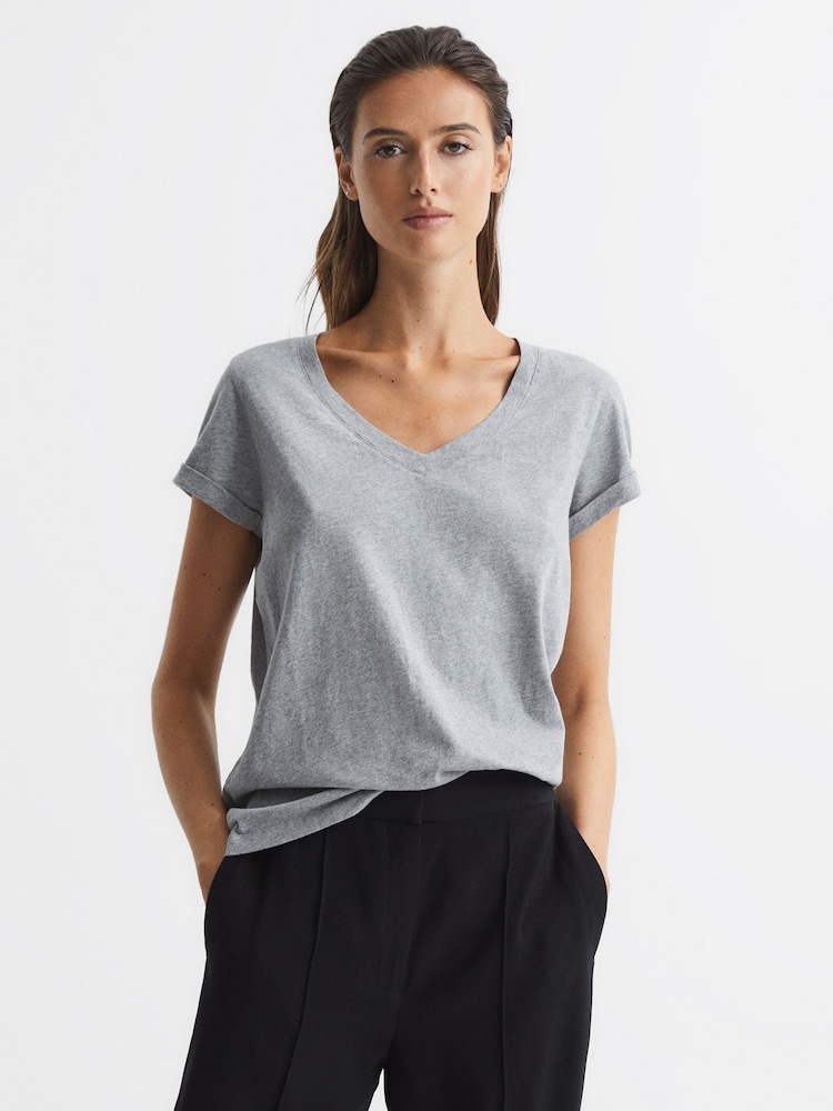 Футболка из хлопкового трикотажа с V-образным вырезом Reiss Luana - Изображение 1 из 6