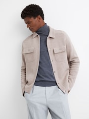 Reiss Oatmeal Tumble Wool Press Stud Knitted Over Shirt - Image 1 of 5